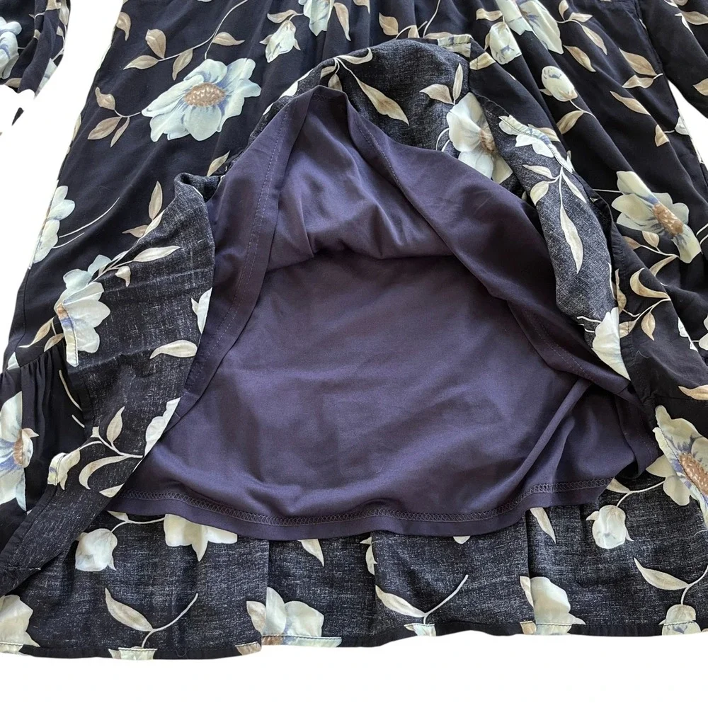 Entro Women L Navy Blue Floral Print 3/4 Tie Sleeve V Neck Ruffle Hem Dress Boho